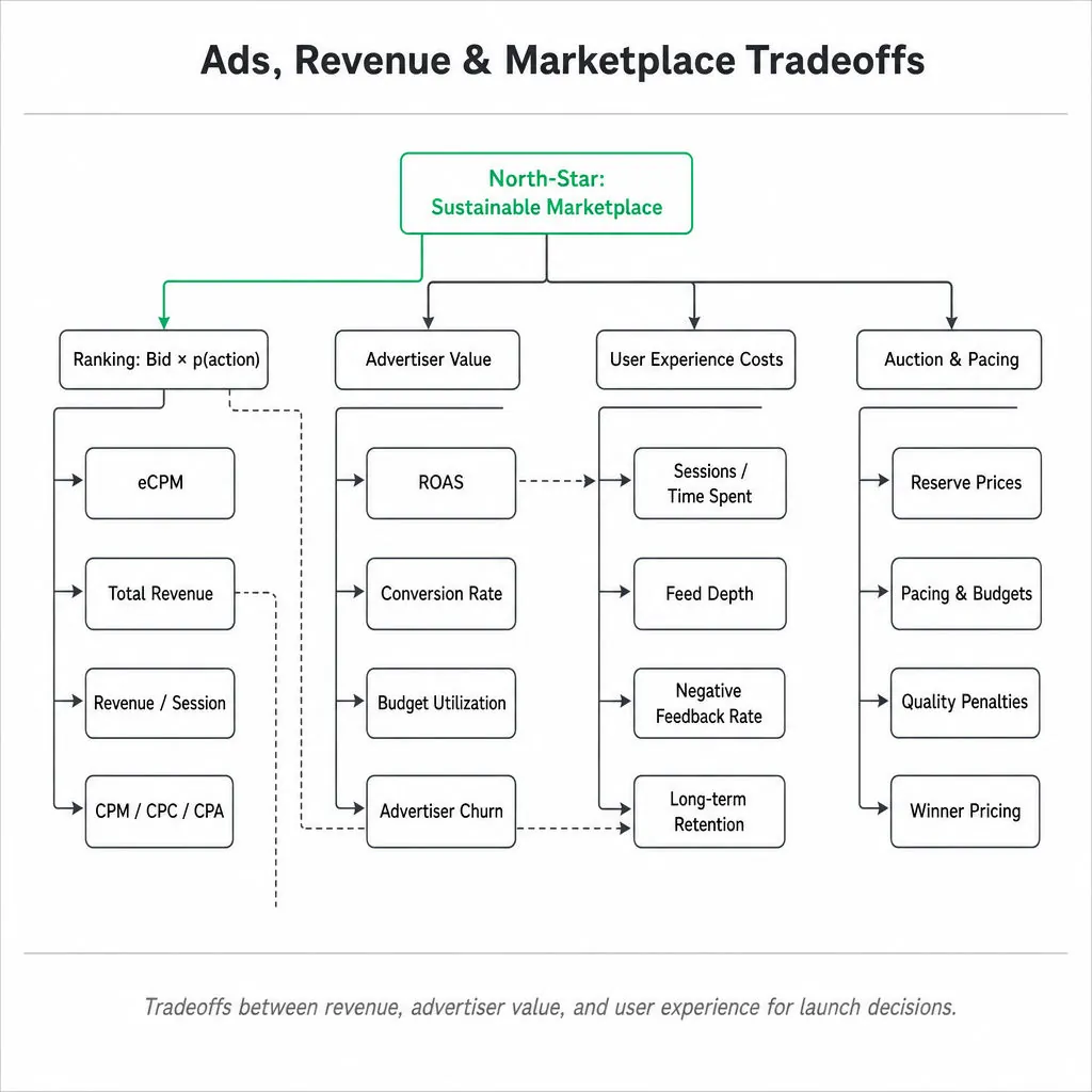 Hierarchical metric tree showing a North-Star objective at top, branching to ranking, advertiser value, user experience costs, and auction & pacing with drill-down metrics.