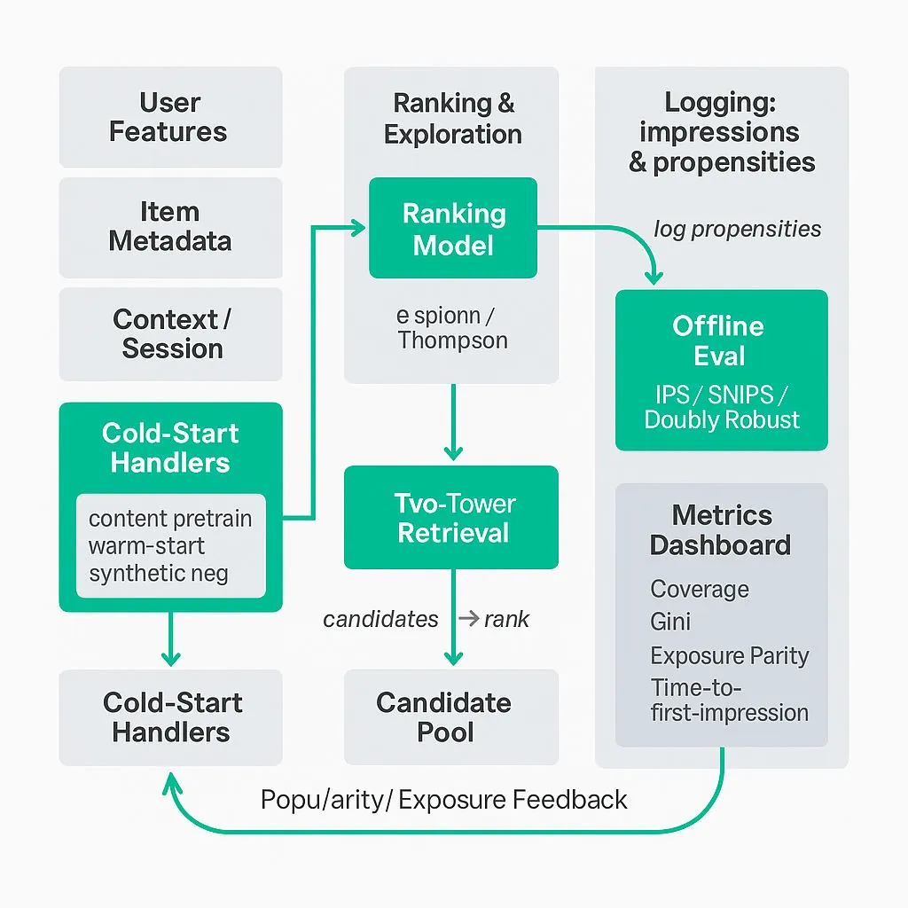 Square diagram of a recommender ML pipeline showing inputs (user features, item metadata), two-tower retrieval, candidate pool, ranking+exploration, logging propensities, offline evaluators (IPS/SNIPS/DR), metrics dashboard and a feedback loop showing popularity bias.