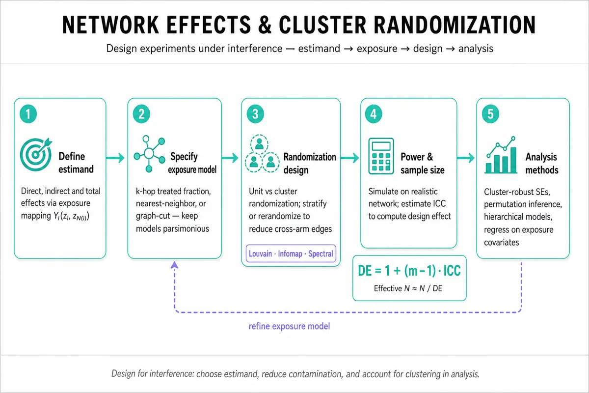 Horizontal editorial infographic pipeline: Define estimand → Exposure model → Randomization design → Power & sample size (DE = 1+(m-1)ICC) → Analysis. Clean pastel teal/purple style.