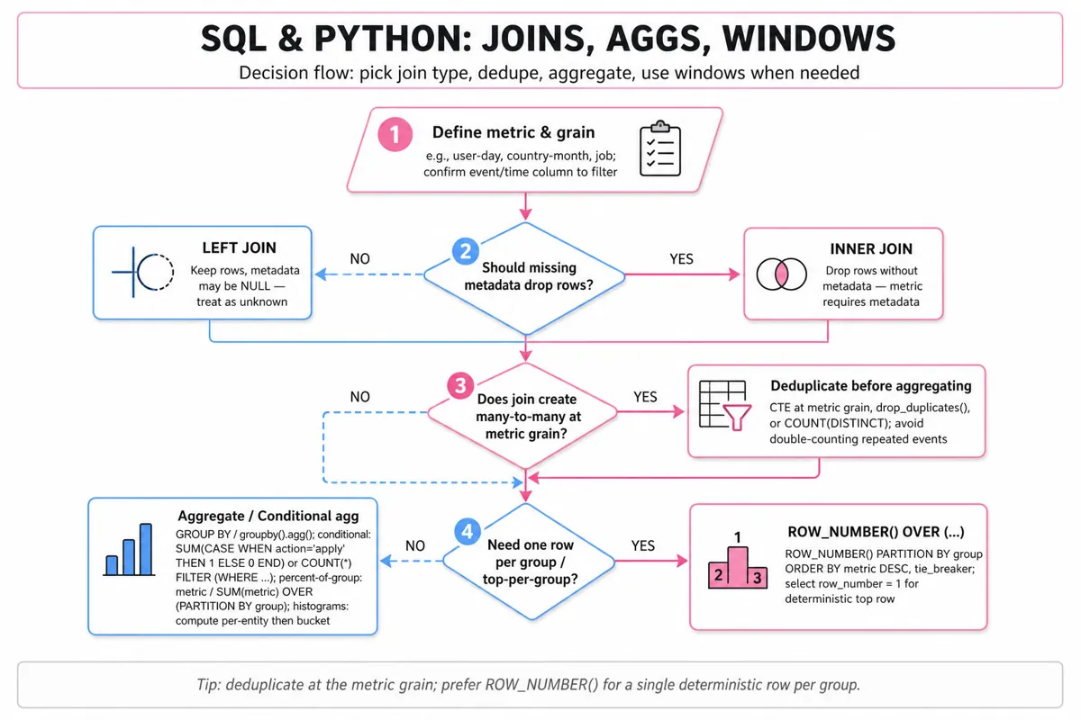 Top-to-bottom decision flowchart guiding choices for SQL/Python joins, deduplication, aggregation, and when to use window functions; shows INNER vs LEFT join, dedupe step, ROW_NUMBER guidance, and aggregation tips.