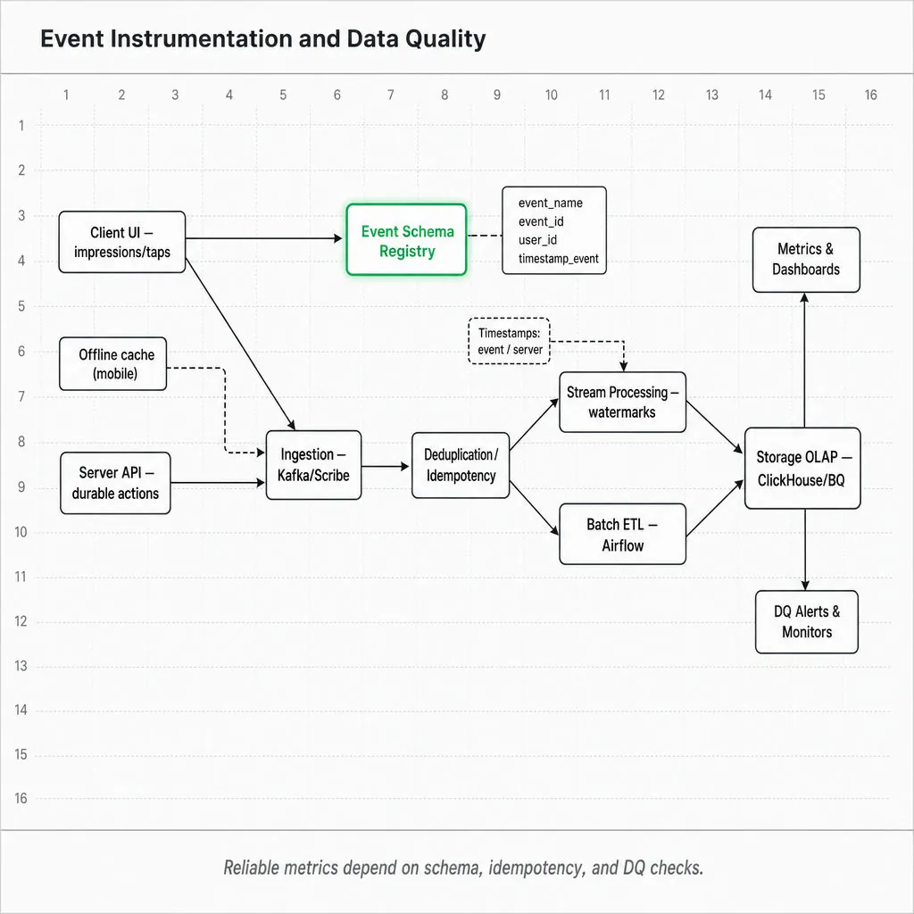 Boxes-and-arrows architecture diagram showing client + server event flows into ingestion, schema registry, deduplication, stream & batch processing, OLAP storage, metrics and DQ alerts; schema node highlighted.
