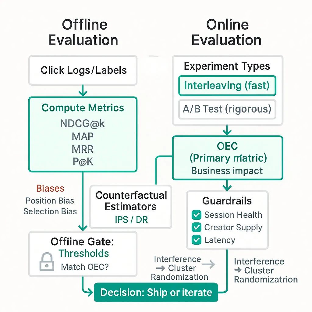 Flowchart comparing offline ranking evaluation and online experiments: click-logs → offline metrics & IPS/DR gating → interleaving/A-B tests → OEC, guardrails, and final ship decision.
