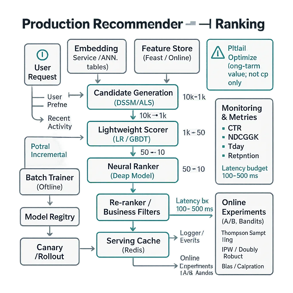 Square diagram of a recommender ranking pipeline: user -> candidate generation -> lightweight scorer -> neural ranker -> re-ranker -> cache/serving, with feature store, embedding service, training loop, A/B engine, and metrics (CTR, NDCG, retention).