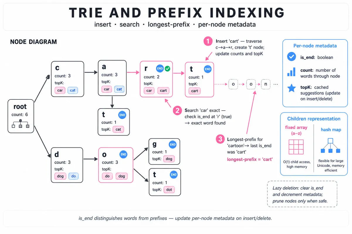 Clean editorial infographic showing a labelled trie (root → c/d branches) for words: car, cart, cat, do, dog, dot. Highlights insert/search/longest-prefix steps and per-node metadata (is_end, count, topK) with a small inset comparing fixed-array vs hashmap children.