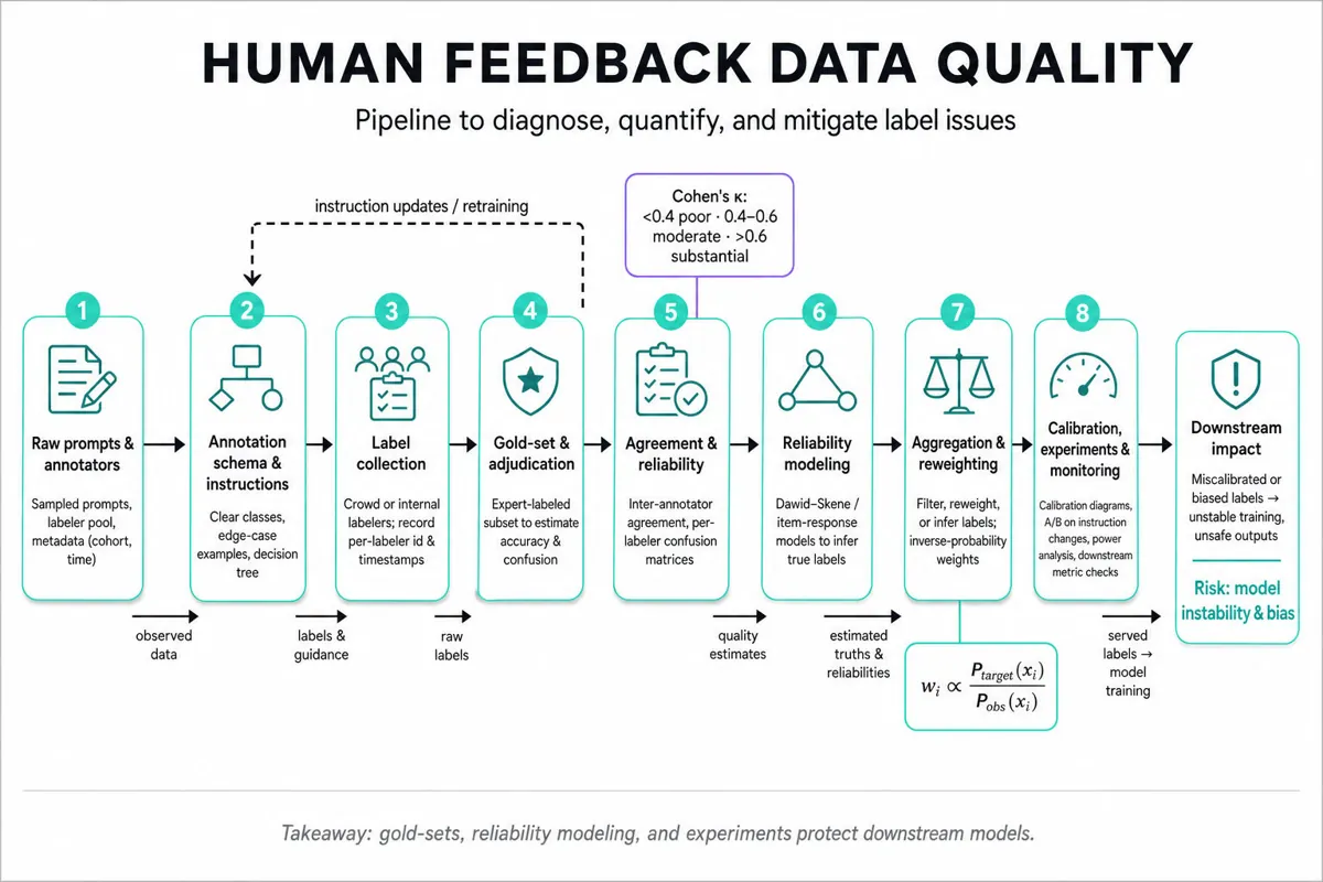 Horizontal editorial infographic showing a left-to-right pipeline from raw prompts & annotators through schema, label collection, gold-set adjudication, agreement & reliability modeling, aggregation & reweighting, calibration & metrics, to downstream model impact monitoring.