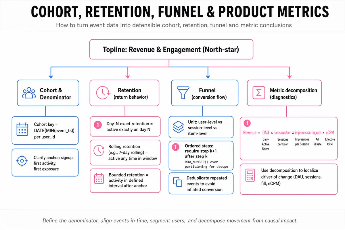 Hierarchical metric tree: top-line Revenue & Engagement branching to Cohort & denominator, Retention types, Funnel units & ordering, and Revenue decomposition (DAU×sessions×impressions×fill×eCPM).