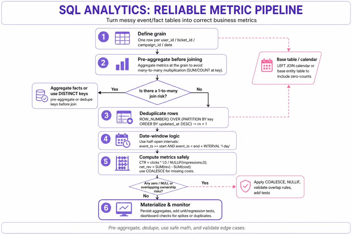 Top-to-bottom flowchart for SQL analytics: define grain → pre-aggregate → deduplicate → date-window logic → safe metric formulas → test & monitor; includes decision diamonds and a calendar/base-table fallback.