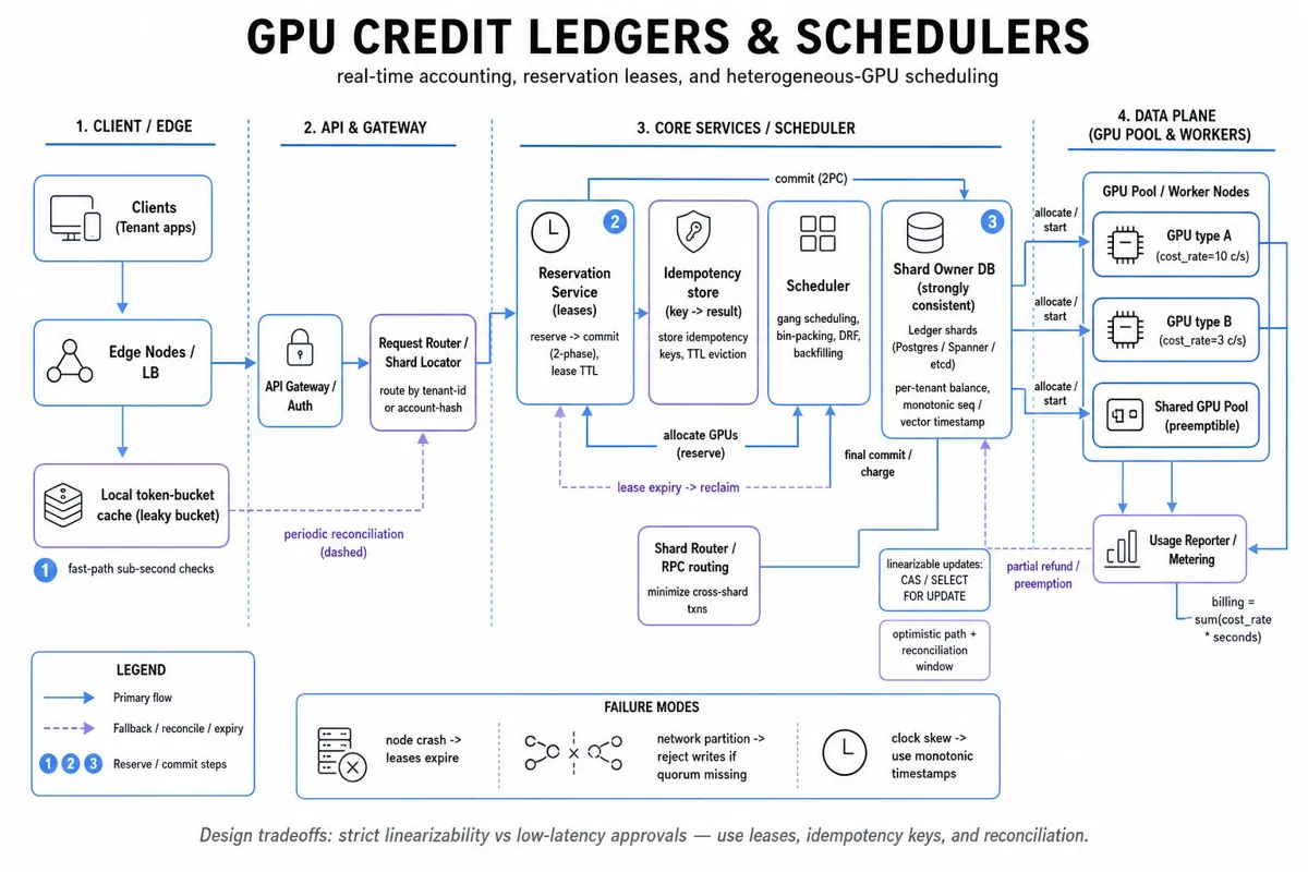 Architecture infographic showing clients to API gateway to scheduler/reservation services, strongly consistent ledger store, idempotency store, cache token-buckets, shard router, and heterogeneous GPU pool with arrows for reserve/commit and reconciliation.