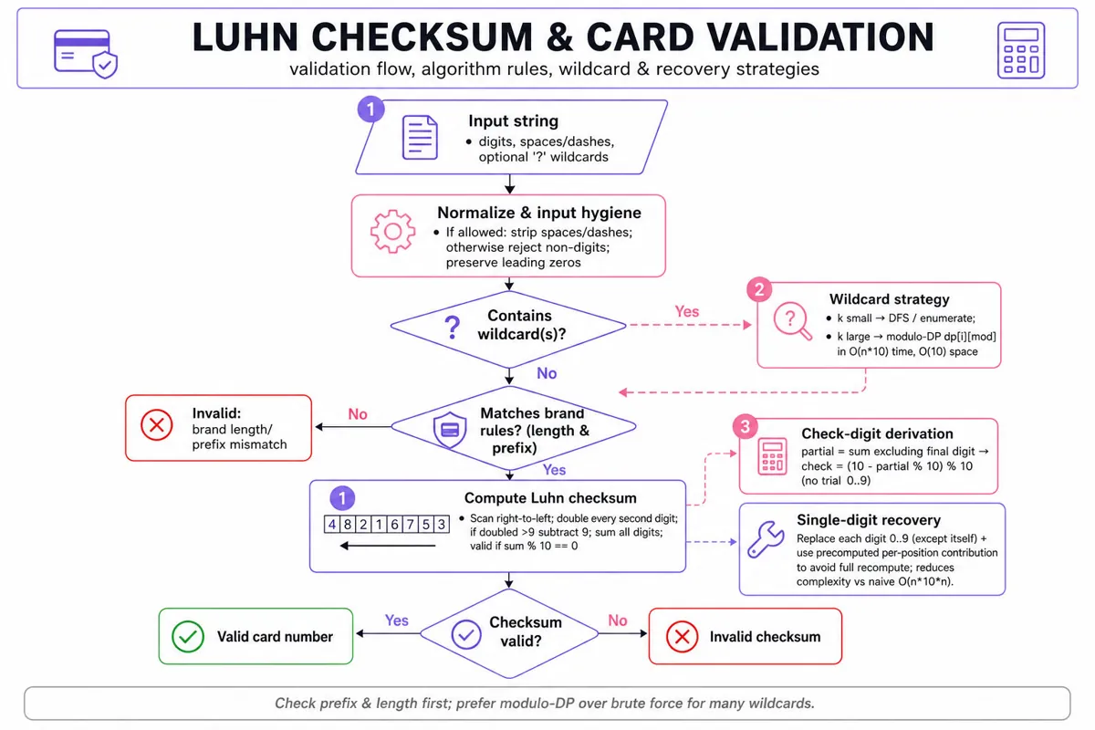 Top-to-bottom flowchart infographic of Luhn checksum & card validation: input hygiene, wildcard strategy (DFS vs modulo-DP), brand rules (length & prefix), Luhn compute steps, check-digit formula, single-digit recovery tip.