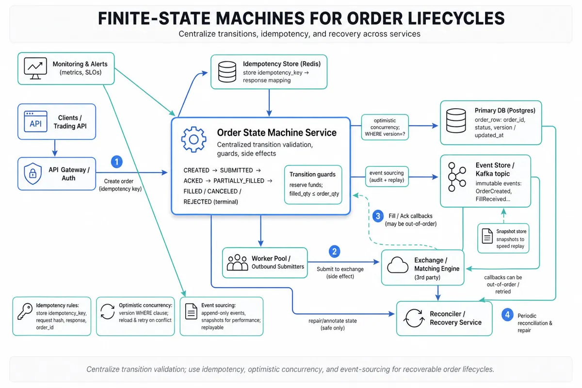 Architecture infographic: central 'Order State Machine' service validating transitions and guards, connected to API Gateway, idempotency store, Postgres (version), Kafka event store, worker pool, exchange (callbacks, retries), reconciler, snapshot store, and monitoring. Solid arrows for primary flow