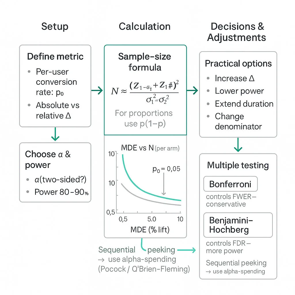Three-column educational flowchart: define metric, sample-size (MDE) formula with sample curves, and multiple-testing decisions (Bonferroni vs BH), emerald-green accents.