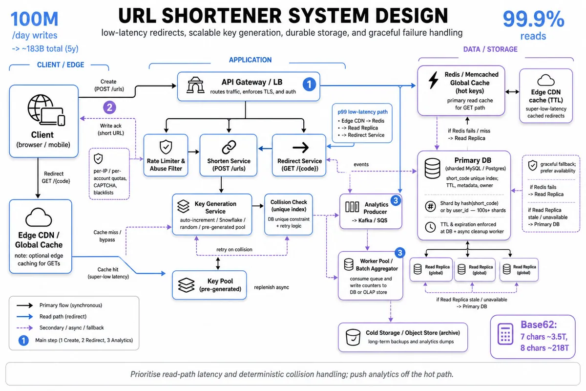 Landscape infographic architecture diagram: client -> edge -> app -> data layers showing API gateway, rate limiter, key generator, cache (Redis/CDN), DB primary+replicas, message queue, worker pool and arrows for create vs redirect flows.