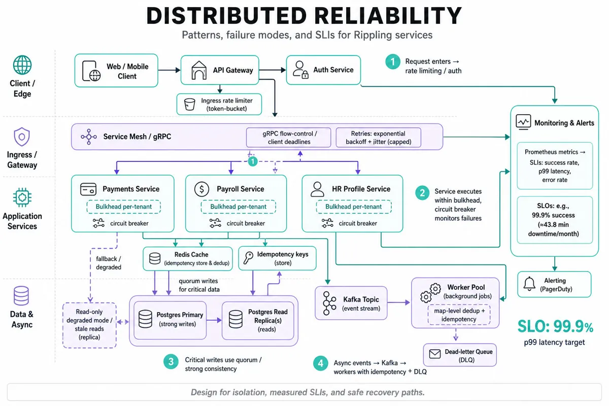 Landscape architecture infographic: client → API gateway → services with rate limiting, bulkheads, circuit breakers, cache, DBs, Kafka, workers, idempotency store, and monitoring showing SLIs/SLOs and retry flows.
