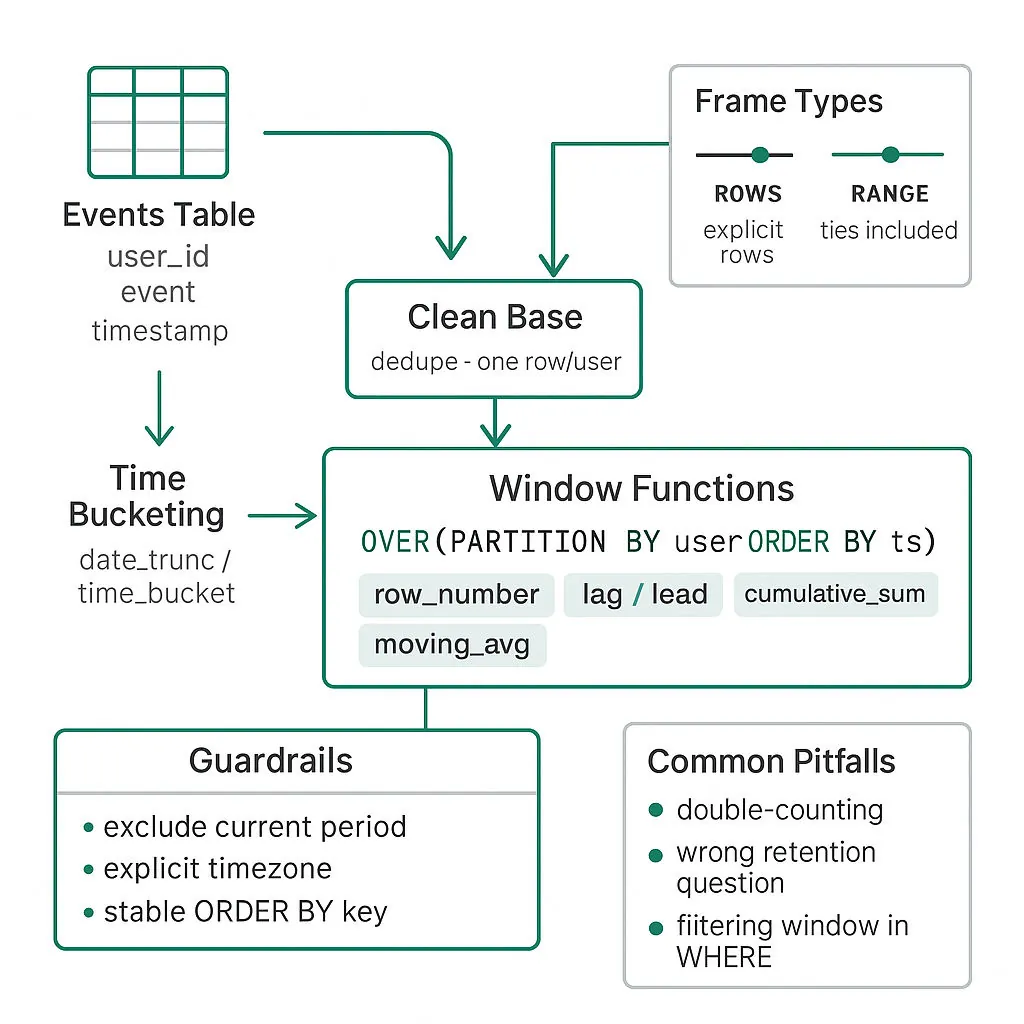 Diagram flow: Events table → clean base → cohort assignment & time-bucket aggregation → window functions (OVER PARTITION) with frame types, guardrails, and common pitfalls.