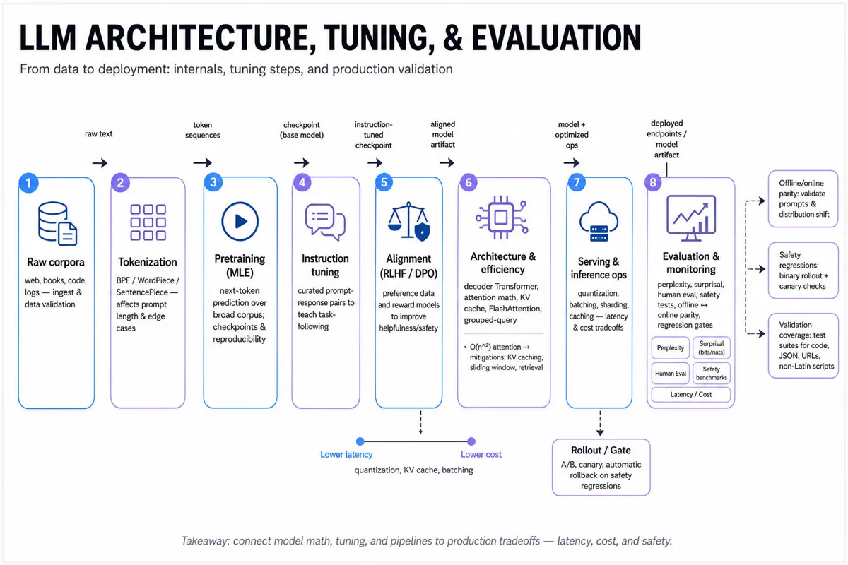 Horizontal editorial infographic pipeline showing LLM stages from raw data → tokenization → pretraining → instruction tuning → alignment → architecture & efficiency → serving → evaluation & monitoring, with callouts for latency, cost, and safety.