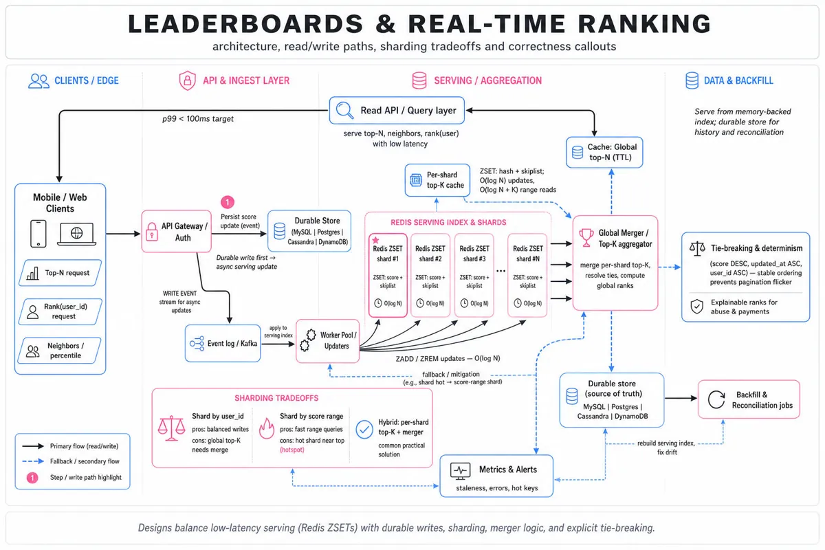 Landscape editorial architecture infographic showing client → API → durable store + event log → worker → Redis ZSET shards → merger → read API, with callouts for query patterns, tie-breaking, sharding tradeoffs and reconciliation.