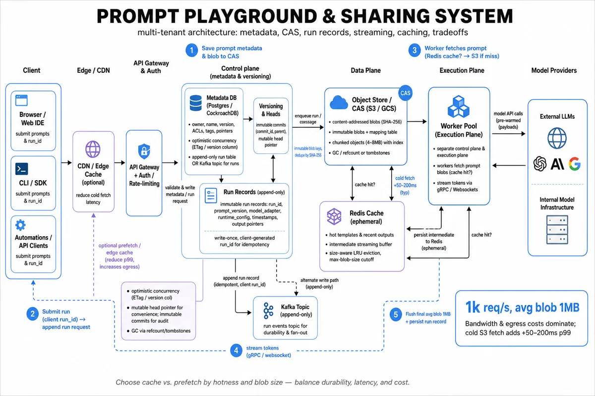 Clean architecture infographic of a multi-tenant prompt playground: clients → edge/CDN → API gateway/control plane → metadata DB + CAS (S3) → worker execution plane with Redis streaming cache → model providers; arrows show streaming, caching, persistence, and run-record flow.