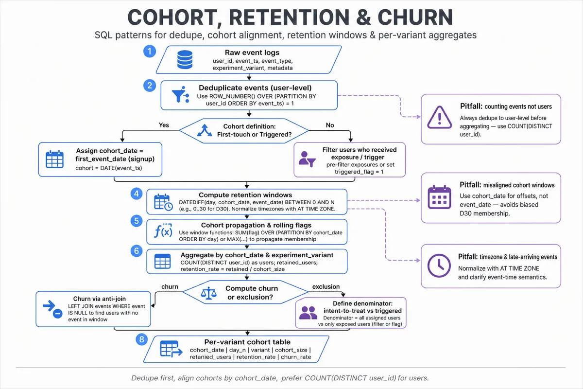 Top-to-bottom flowchart infographic showing steps for SQL cohort, retention, and churn analysis: raw event logs → dedupe → cohort assignment (decision: first-touch vs triggered) → retention window calc → window functions & aggregation → churn via anti-join → per-variant retention table. Side callout