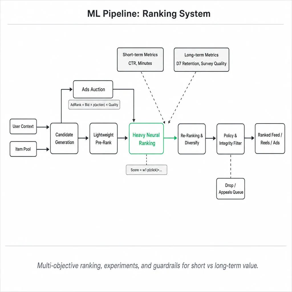 Horizontal ML pipeline showing Meta ranking stages: Candidate Gen → Pre-rank → Heavy Neural Ranking (highlighted) → Re-rank → Policy Filter, with Ads auction branch and short/ vs long-term metric boxes.