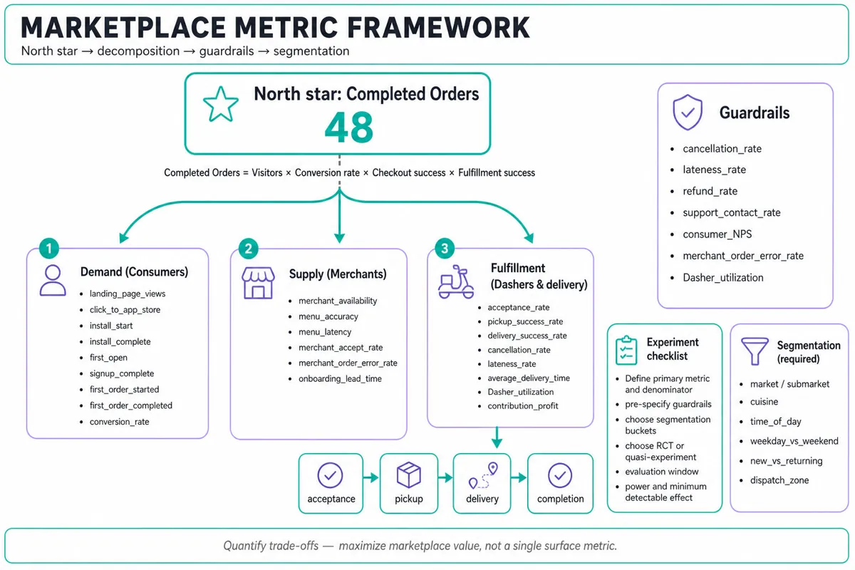 Top-down metric tree: North star 'Completed Orders' at top, three branches (Demand, Supply, Fulfillment) with drilldowns, guardrails column, segmentation and experiment checklist, clean editorial infographic.