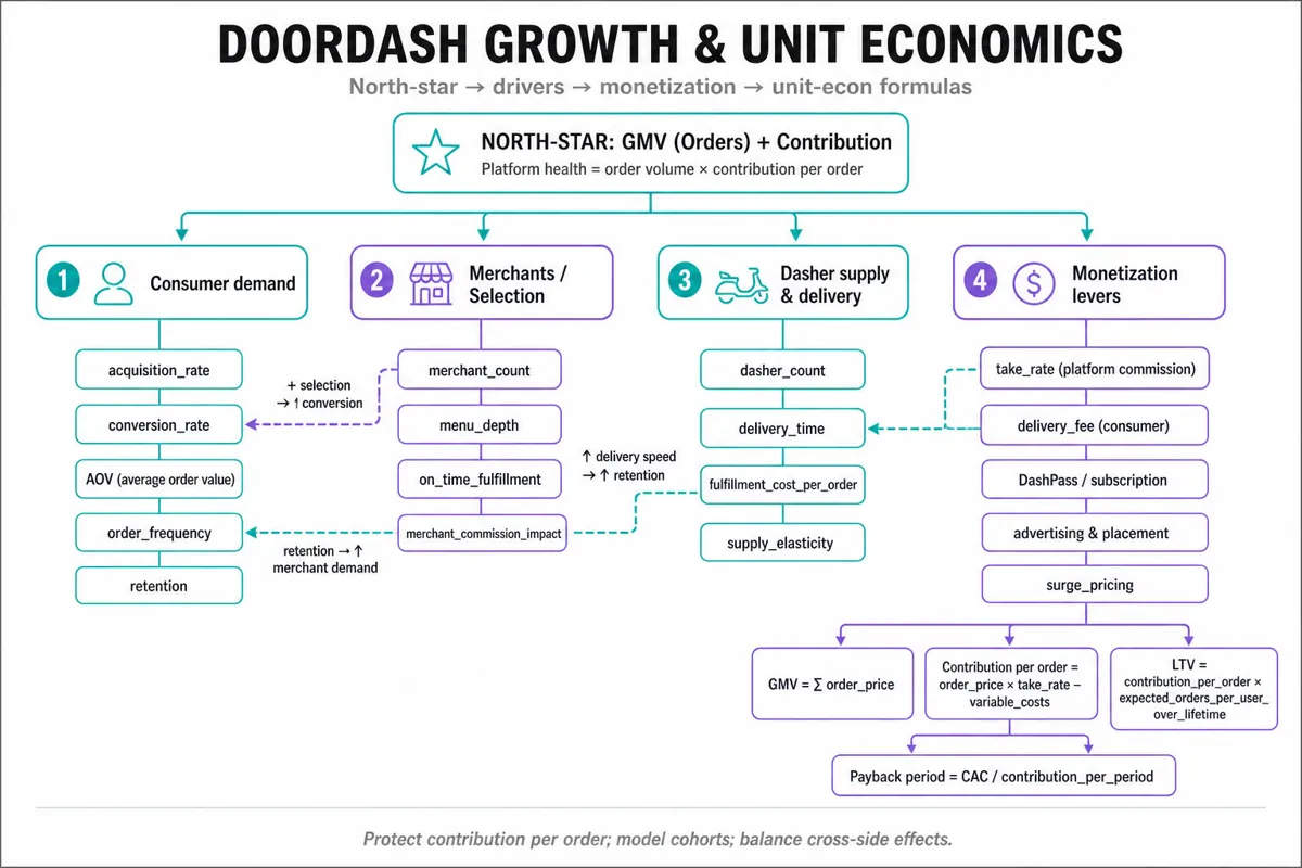 Hierarchical metric tree for DoorDash showing a north-star metric at top, branching into consumer, merchant, dasher, and monetization drivers with formulas for contribution, LTV, and CAC at the leaves.