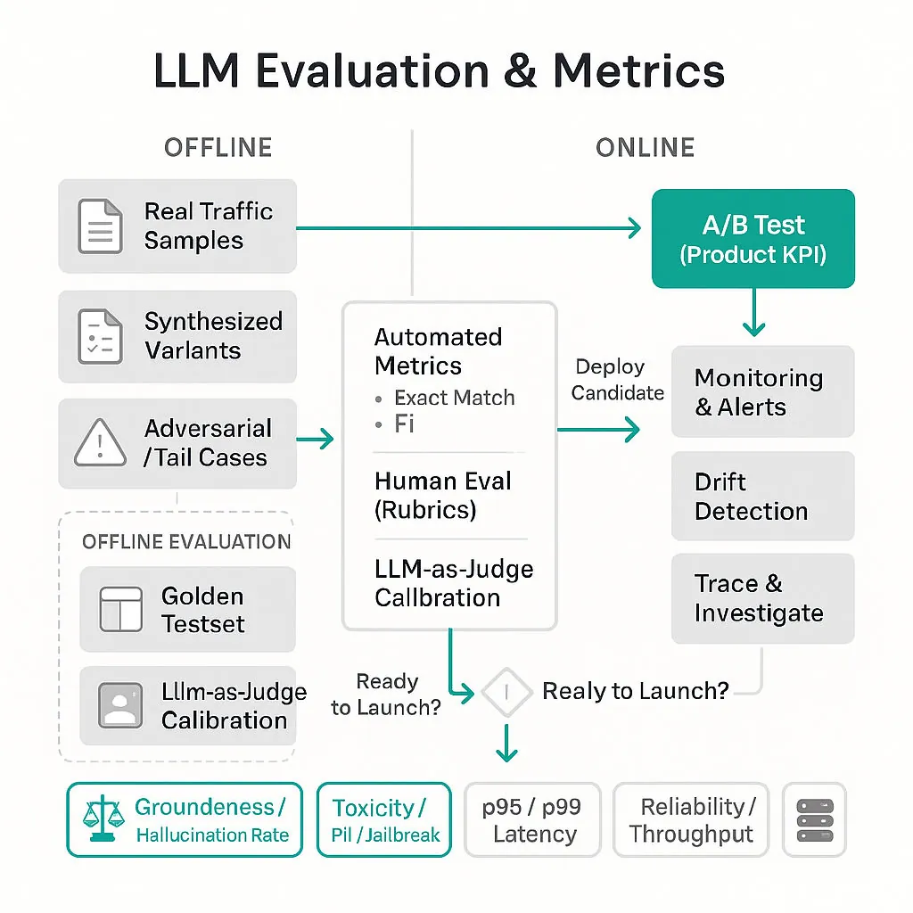 Square diagram of an LLM evaluation pipeline: data sources → offline eval → human calibration → online A/B → monitoring, with metrics and safety checks highlighted in emerald green.