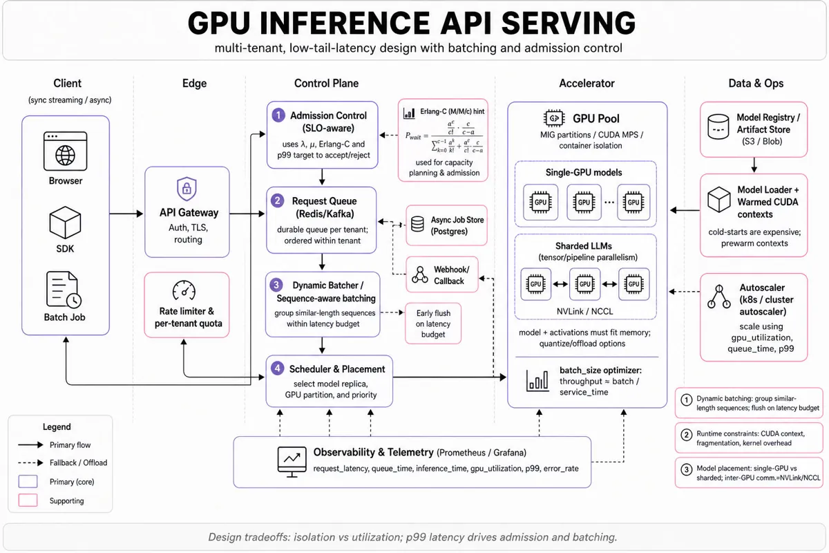 Architecture infographic for a multi-tenant GPU-backed inference API: client -> API gateway -> admission control, queue, dynamic batcher, scheduler -> GPU pool (MIG/CUDA MPS, sharded models); model registry, autoscaler, observability and async job store shown.