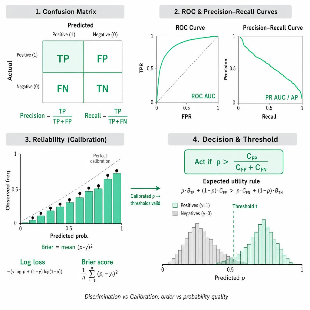 Diagram with confusion matrix, ROC and PR curves, reliability (calibration) diagram, predicted-probability histograms and decision threshold with cost-based formula.