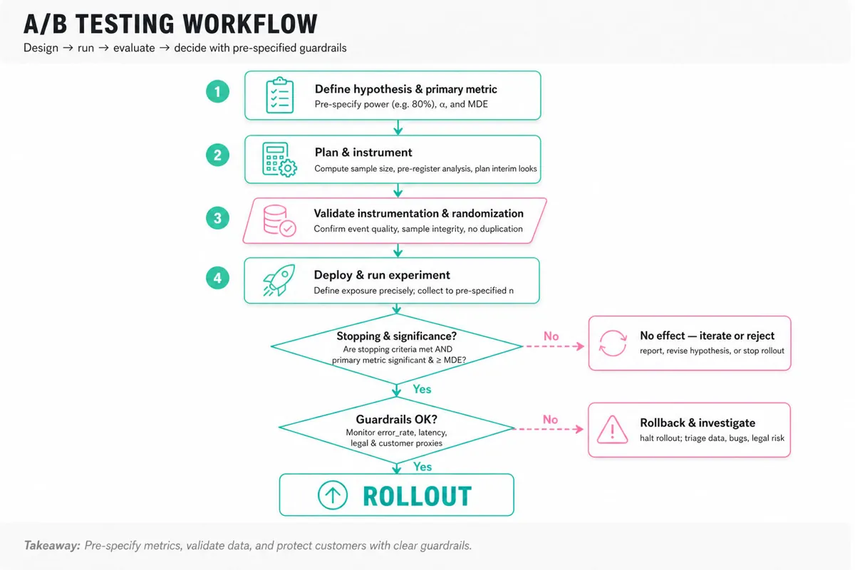 Top-to-bottom A/B testing workflow flowchart showing steps: define hypothesis, plan & instrument, run experiment, decision on significance, guardrails check, then rollout or rollback.