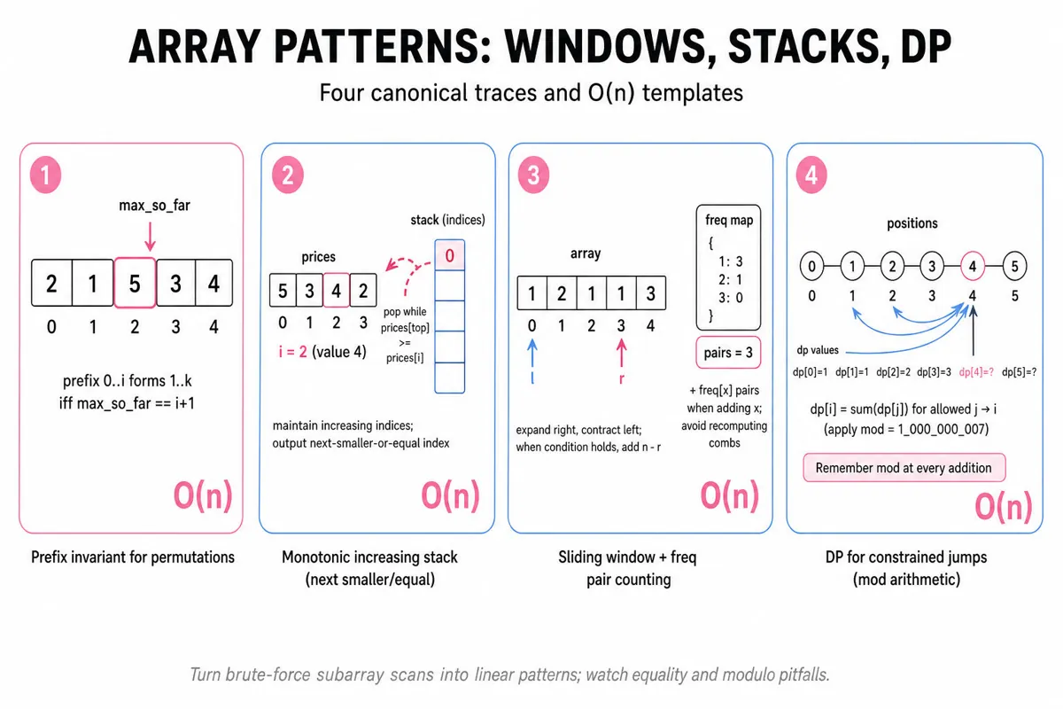 Four-frame horizontal infographic trace showing prefix invariant, monotonic stack, sliding-window with frequency counts, and DP jumps on small arrays, with captions and complexity callouts.