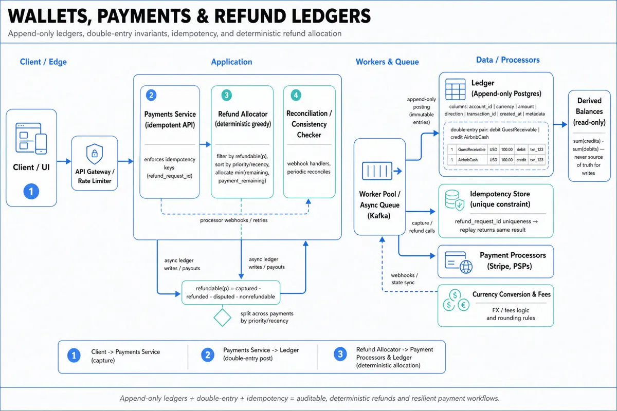 Landscape architecture infographic showing client → API Gateway → Payments Service → Ledger (append-only Postgres) → Payment Processor, with Refund Allocator, Worker Queue, Idempotency store, and reconciliation arrows; title and footer.