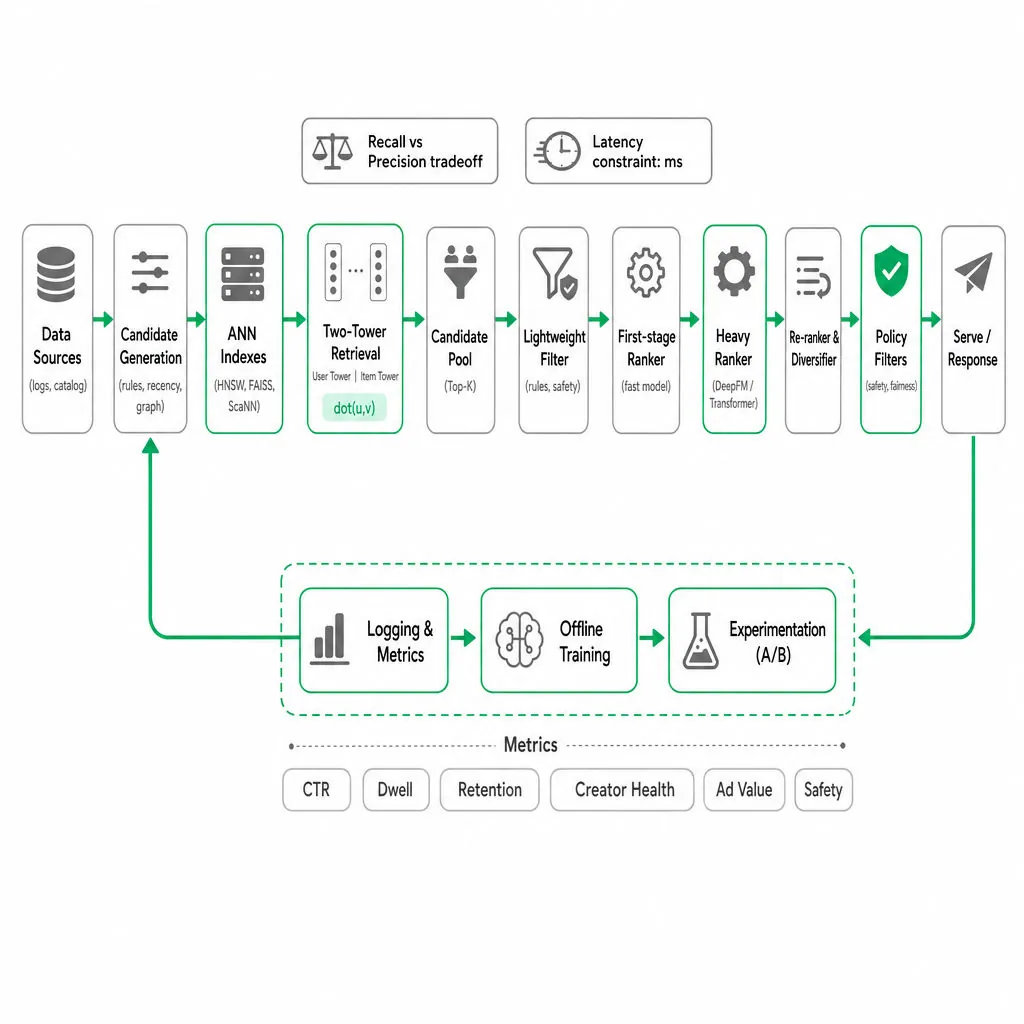 Left-to-right ML pipeline: data sources → candidate generation → ANN + two-tower retrieval → candidate pool → lightweight filter → first-stage ranker → heavy ranker → re-ranker → policy filters → serve, with feedback to logging, offline training, and metrics.