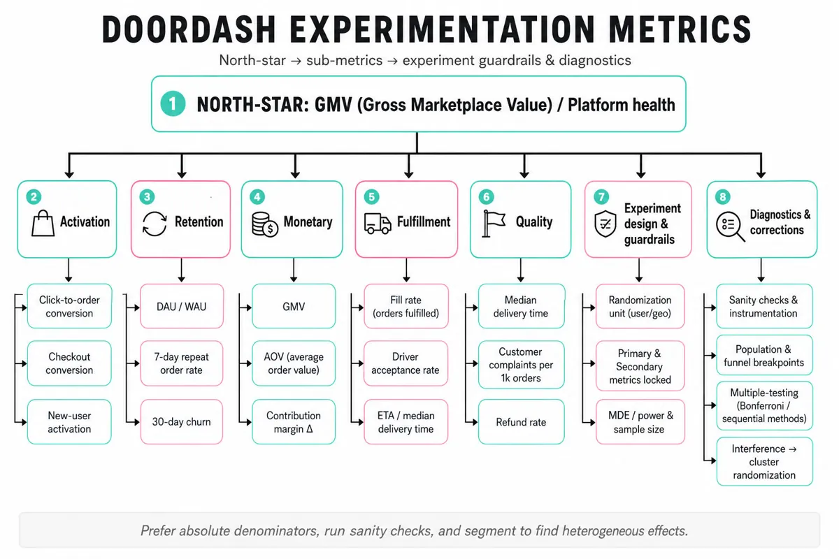 Top-down metric tree with 'NORTH-STAR: GMV (platform health)' at top, branches for Activation, Retention, Monetary, Fulfillment, Quality, Experiment guardrails, and Diagnostics, each with concrete metric leaves.