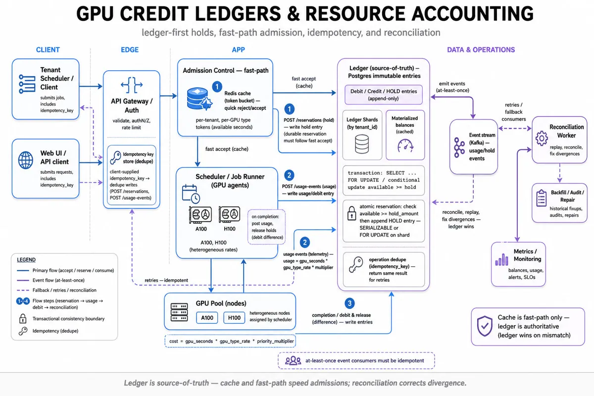 Clean architecture infographic of a GPU credit ledger: clients → API Gateway → Admission Control (Redis fast-path) → durable Postgres ledger shards, Kafka events, reconciliation workers, scheduler, and GPU pool with arrows for holds, usage, and reconciliation.