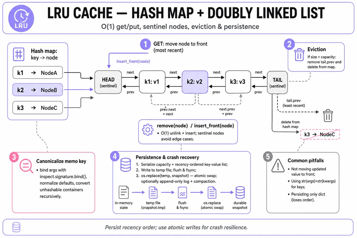 LRU cache diagram: hashmap mapping keys to nodes in a doubly linked list with sentinel head/tail; highlighted move-to-front, tail eviction, canonicalization and atomic persistence steps in side callouts.
