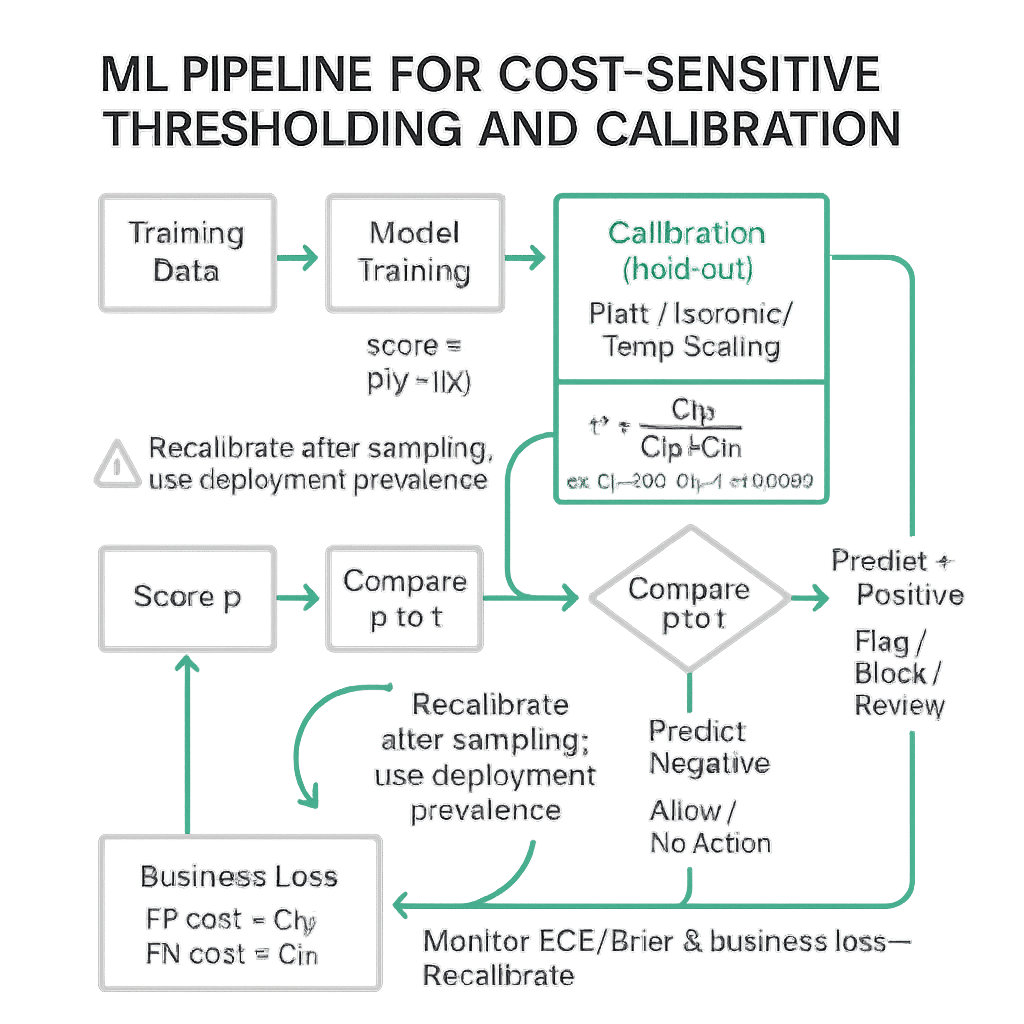 Square pipeline: Train model → Calibrate probabilities (Platt/Isotonic/Temp) → Compute cost-optimal threshold t* = C_fp/(C_fp+C_fn) → Decision rule → Deploy + monitor ECE/Brier & loss.