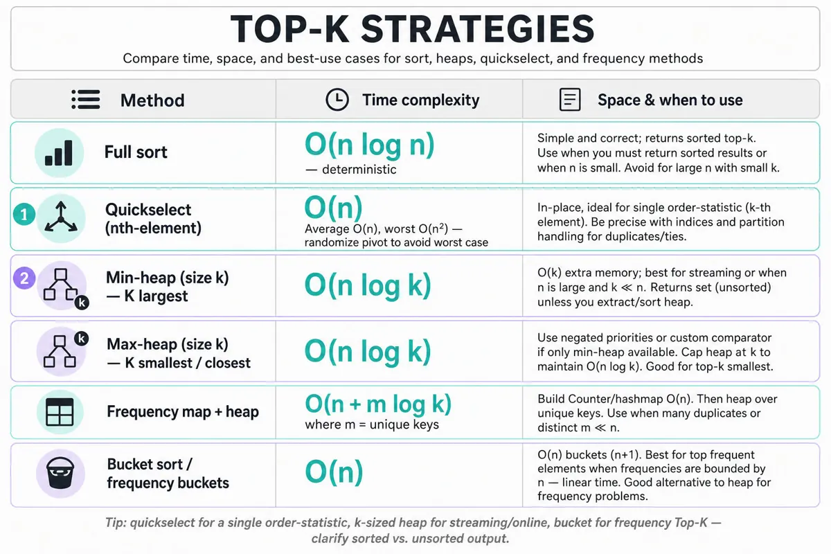 Three-column editorial infographic comparing Top-K methods (Full sort, Quickselect, Min-heap, Max-heap, Frequency+Heap, Bucket sort) with time, space, and when-to-use notes; clean pastel design.