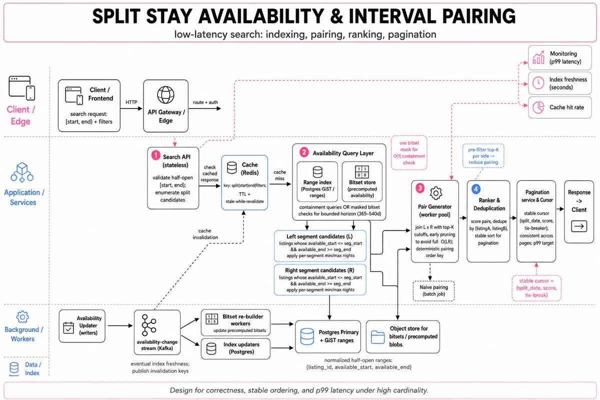 Architecture infographic showing client -> API Gateway -> Search API -> cache -> availability index (Postgres GiST / bitsets) -> pair generator workers -> ranker -> pagination -> response, with data stream (Kafka) and monitoring (p99 latency)