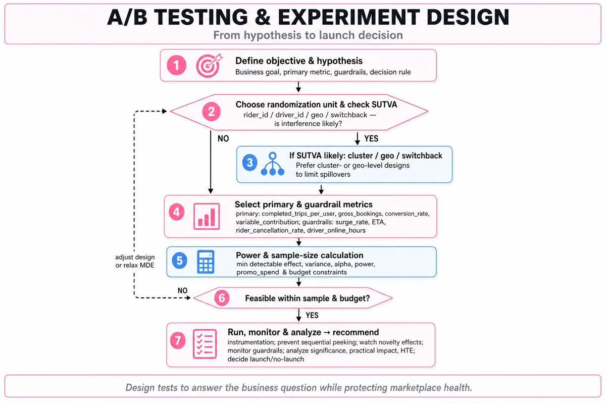 Top-to-bottom editorial flowchart showing 7-step A/B test design: define hypothesis → randomization & SUTVA → metrics & guardrails → power/sample-size → feasibility decision → run & monitor → analyze and recommend.