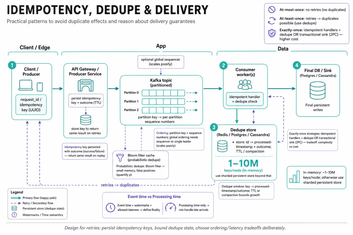 Left-to-right architecture infographic showing client/producer -> API gateway (idempotency key) -> Kafka topic (partitioned, optional sequencer) -> consumer workers + dedupe store (Redis/Postgres/Cassandra, TTL) -> final DB. Callouts for delivery semantics (at-most/at-least/exactly-once), ordering,