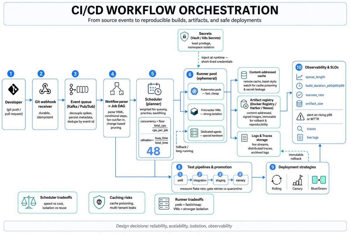 Clean editorial architecture infographic of a CI/CD workflow: webhook -> durable queue -> workflow parser/DAG -> scheduler -> ephemeral runners -> caches/artifact registry/logs -> deployment strategies and observability.