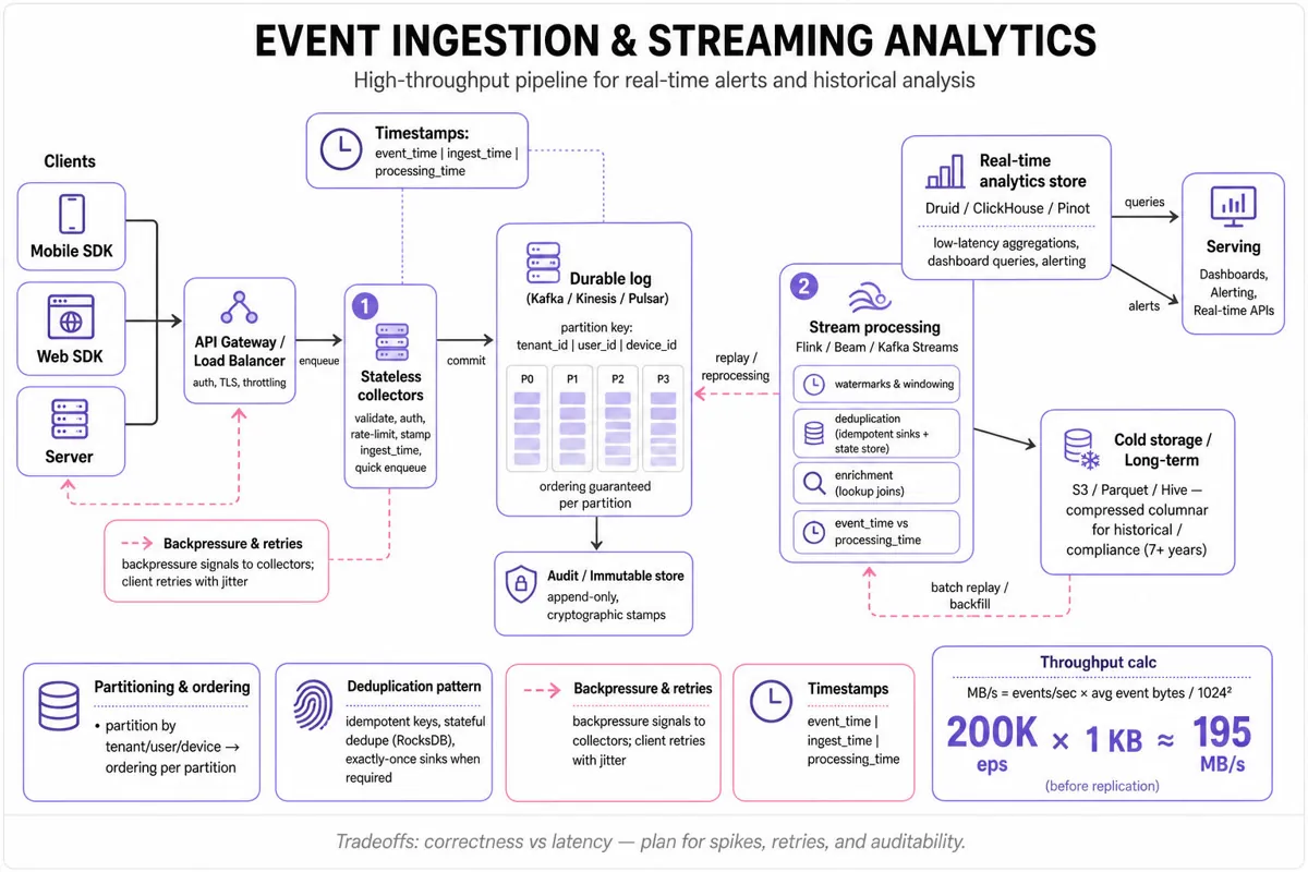 Left-to-right architecture infographic showing clients → API Gateway → collectors → durable log (Kafka) → stream processing (dedupe, enrichment, windowing) → real-time DB, cold storage, and serving for dashboards/alerts; backpressure and reprocessing arrows.