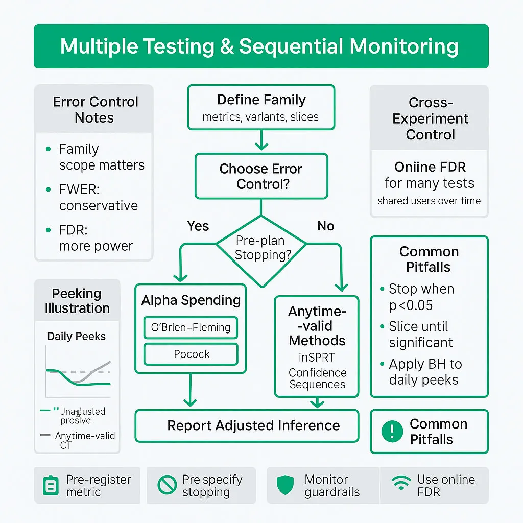 Clean flowchart: Define family → choose error control (FWER vs FDR) → decision on preplanned stopping → alpha-spending or anytime-valid methods; online FDR and monitoring guardrails; common pitfalls box.