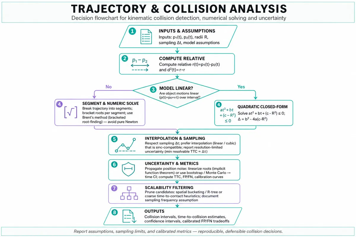 Top-to-bottom flowchart showing inputs → compute relative r(t) → decision: linear? → quadratic solve or segment+Brent → interpolation & sampling → uncertainty → scalability → outputs (collision intervals, TTC, calibration).