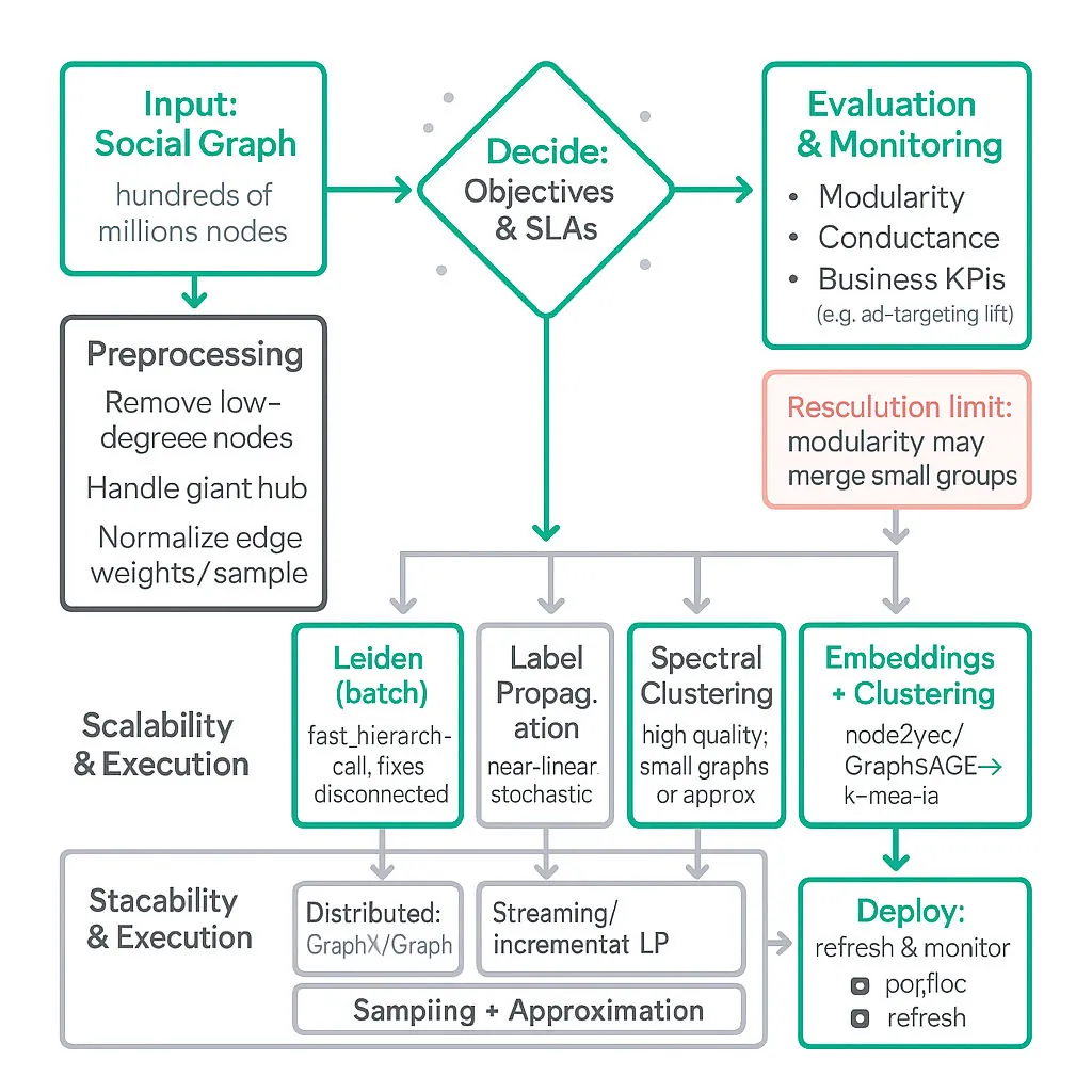 Flowchart-style ML pipeline for graph community detection showing preprocessing, algorithm choices (Leiden, Label Propagation, Spectral, Embeddings+Clustering), scalability options, and evaluation metrics.