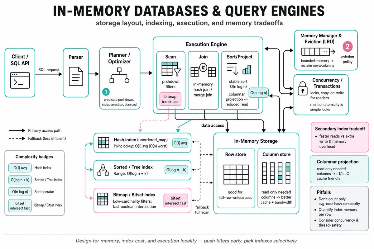 Clean boxes-and-arrows architecture infographic showing an in-memory DB/query engine: client -> SQL API -> parser -> planner -> execution engine -> row vs column stores, hash/tree/bitmap indexes, LRU memory manager and concurrency, with complexity callouts.