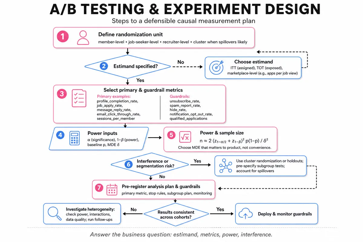 Top-to-bottom flowchart showing steps for designing A/B tests: define unit, specify estimand, pick primary and guardrail metrics, power/sample-size inputs and equation, assess interference/segmentation, preregister plan, analyze cohort consistency and decisions.