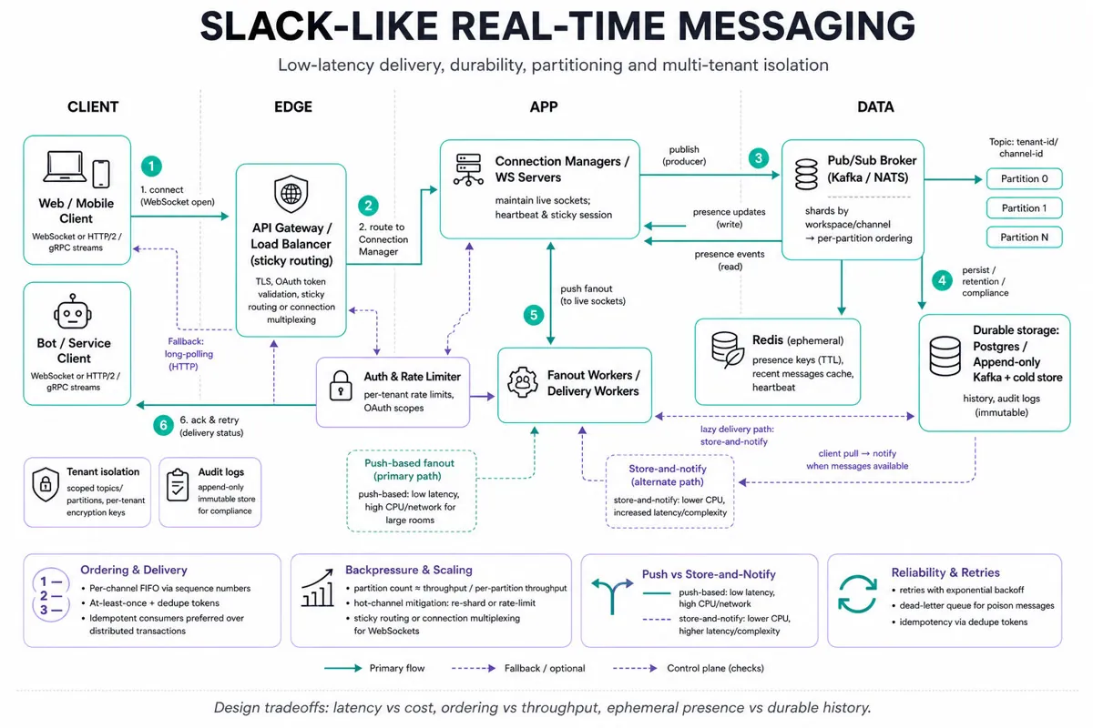 Clean boxes-and-arrows architecture of a Slack-like real-time messaging system: clients, API gateway, WebSocket connection managers, pub/sub broker (Kafka/NATS), Redis presence, durable store (Postgres/Kafka cold store), fanout, auth, workers.