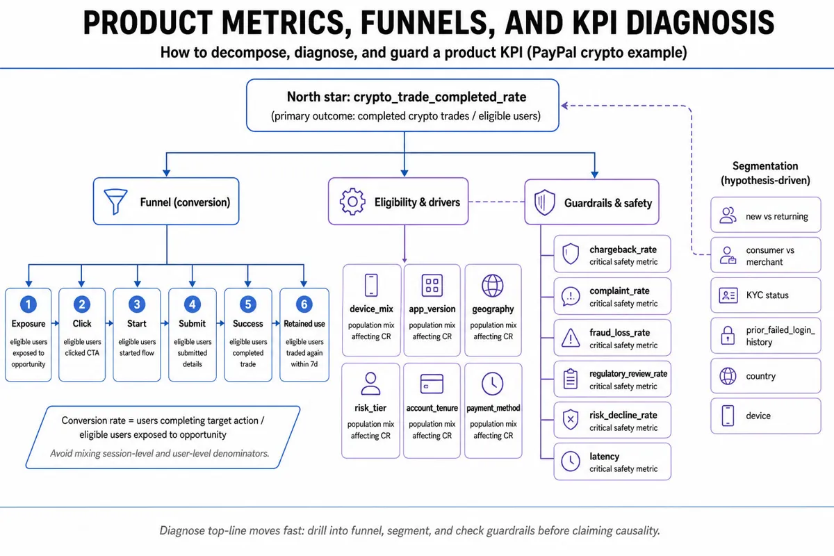 Editorial infographic metric tree: top node 'North star: crypto_trade_completed_rate' with branches for funnel stages, eligibility drivers, guardrails, segmentation list and conversion-rate formula.