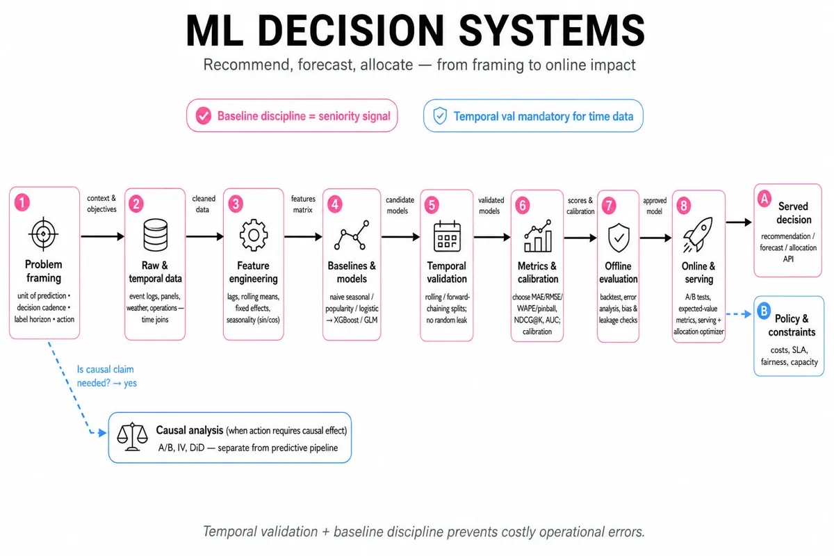 Horizontal editorial infographic showing an 8‑step ML decision pipeline from problem framing to serving and online impact, with a dashed branch to causal analysis and a footer takeaway.